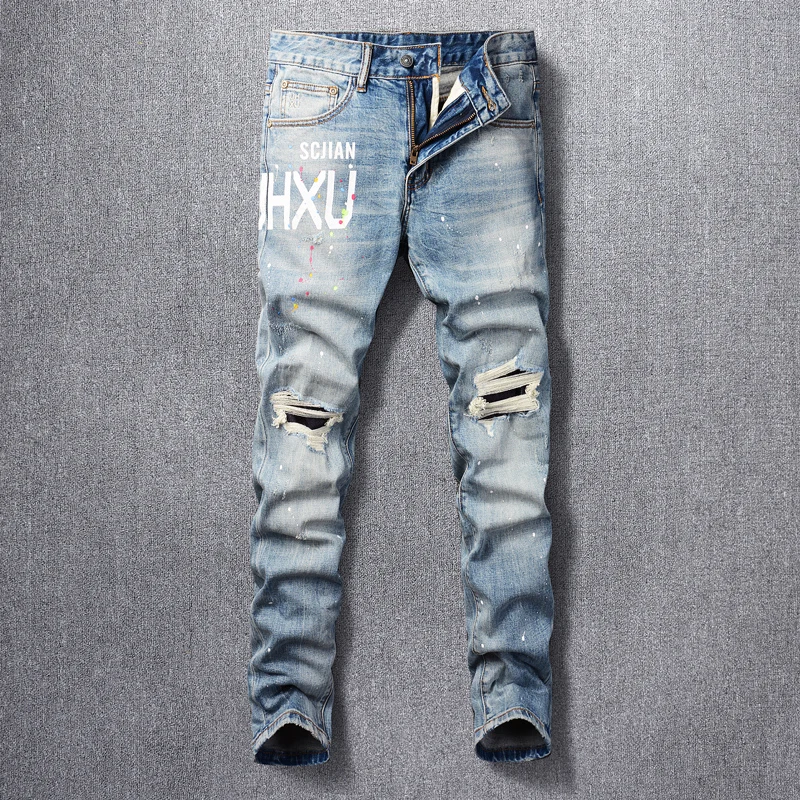 High Street Fashion Men Jeans Retro Light Blue Printed Ripped Jeans Men Painted Designer Patched Hip Hop Vintage Denim Pants
