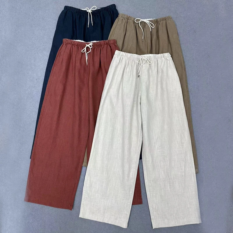 

Johnature Casual Women Pants 2024 Spring Summer Elastic Waist Cotton Linen Loose Pockets Vintage Ankle-length Stright Pants