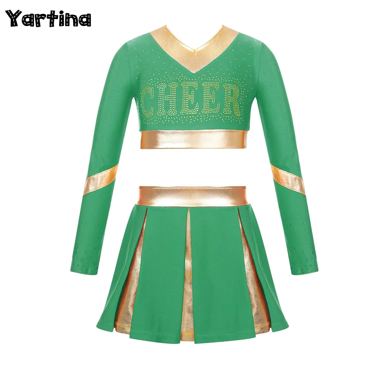 

Kids Girls Cheerleading Ballet Dance Outfit Costume Rhinestone Letter Print V Neckline Long Sleeve Crop Top with Pleated Skirt