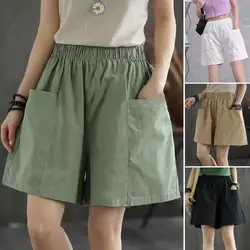Women Casual Shorts 2023 Summer Fashion New Elastic Waist Cotton Linen Shorts Pocket Knee Length Bermuda Shorts