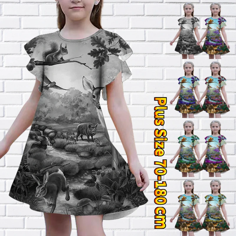 

Little Girl's Loose Knee-length Skirt Lovely Princess Dress Summer Round Neck Star Printing Midi Skirt Short Sleeve Skirt