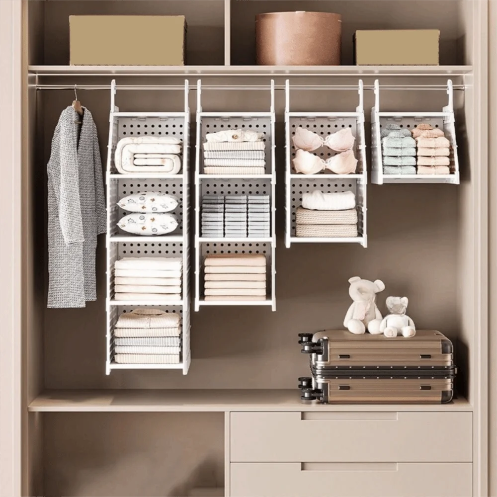 플라스틱 다층 옷 정리함 접이식 공간 절약형 레이어드 파티션 옷장 정리함 (후크 포함) 대용량