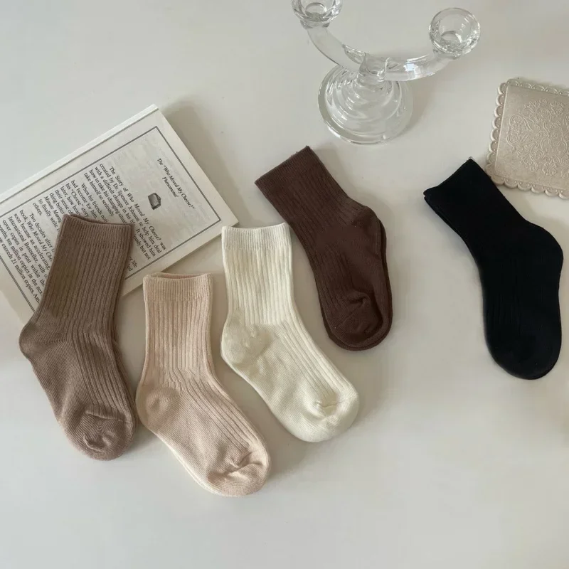 5Pairs Sporty Fashion Kids Calf Sock for Boy Girl Korean Chic Beige Coffee Color Sock Cute Autumn Spring Soft Cotton Sock