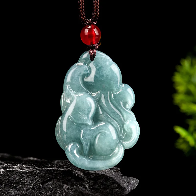 

Jia Le/ Natural Jade Hand-carved Blue Water Nine-tailed Fox Necklace Pendant Emerald Jewelry Accessories Fashion Couple Gifts