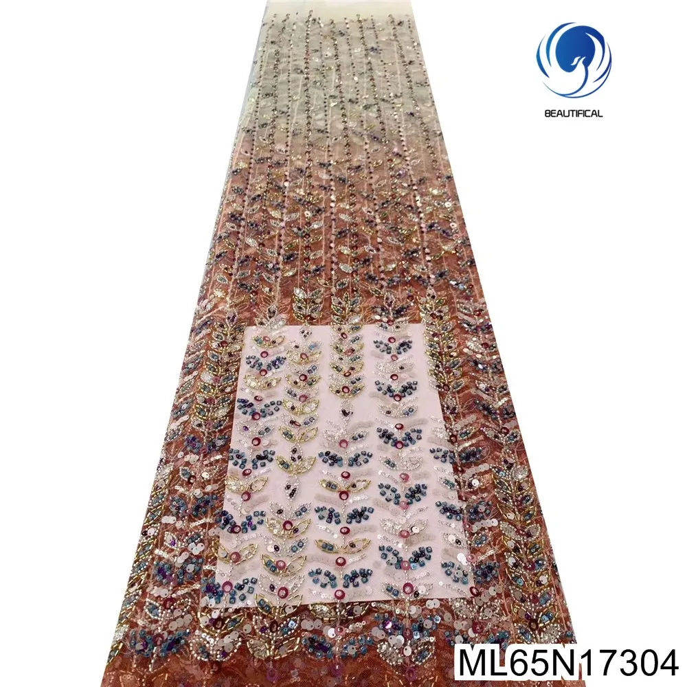 

2023 Decorative Design Nigerian Beads African Yellow Lace Tulle Fabric Sequins Wonderful Dress for Women ML65N173