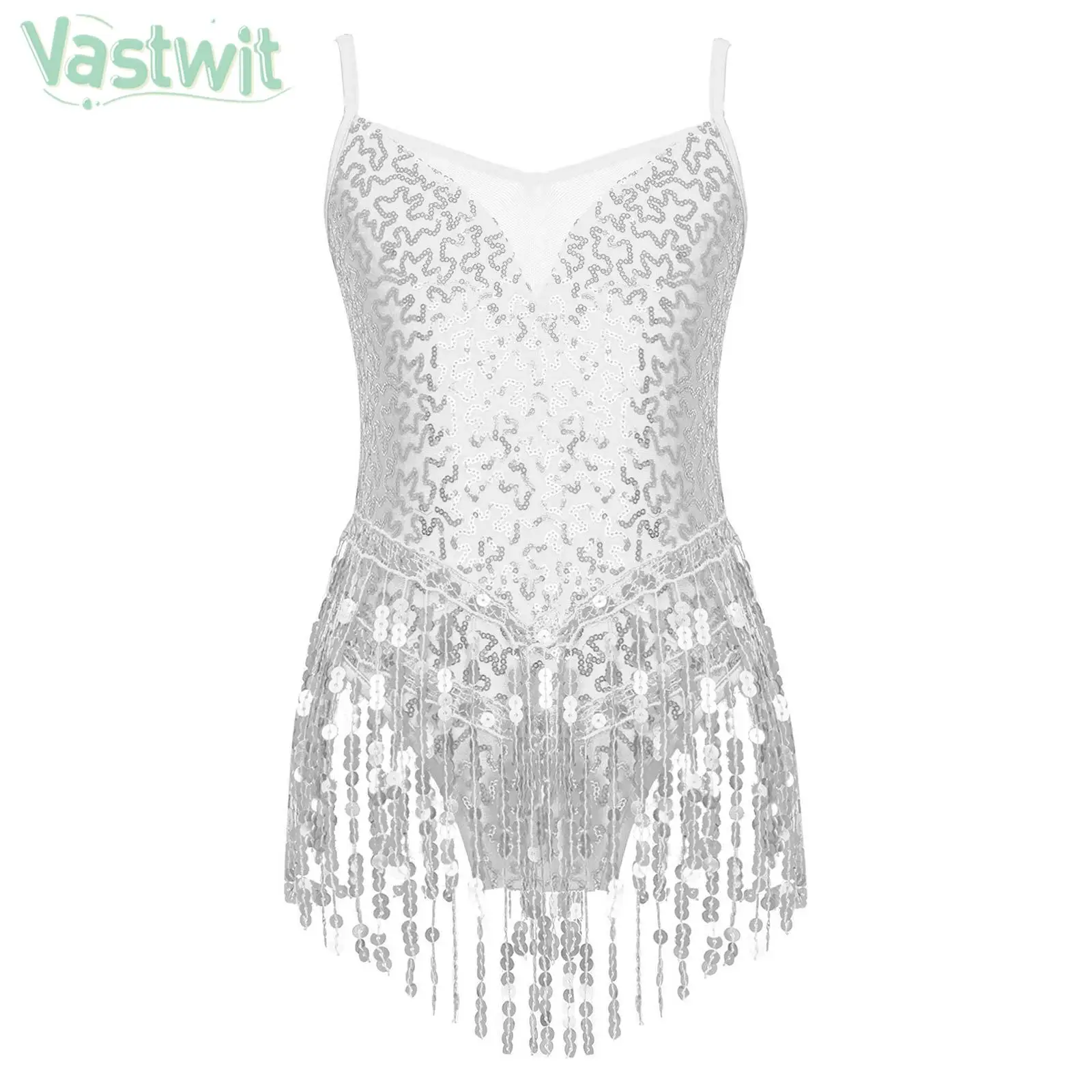 Child Girls Latin Dance Bodysuit Shiny Sequin Tassel Leotard Dress Tango Cha-cha Samba Rumba Skating Ballet Gymnastics Dancewear