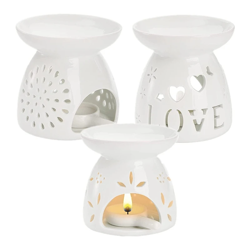 

3 Pcs Ceramic Tea Candle Holder Oil Burner Tea Wax Heater With Candle Spoon Aroma Essential Oil Burner