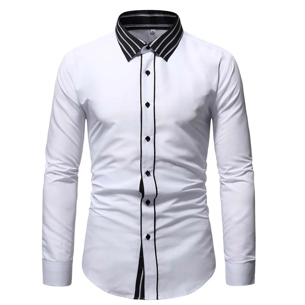 

Men Fashion Patchwork Neckline Stripes Dress Shirts Four Seasons Formal Business Men's Clothing Wedding Workplace Chemise Hombre