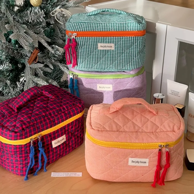 Ladies' Color Blocking Checkered Makeup Bag Women's Ins Large Capacity Makeup Brush Storage Bag 2