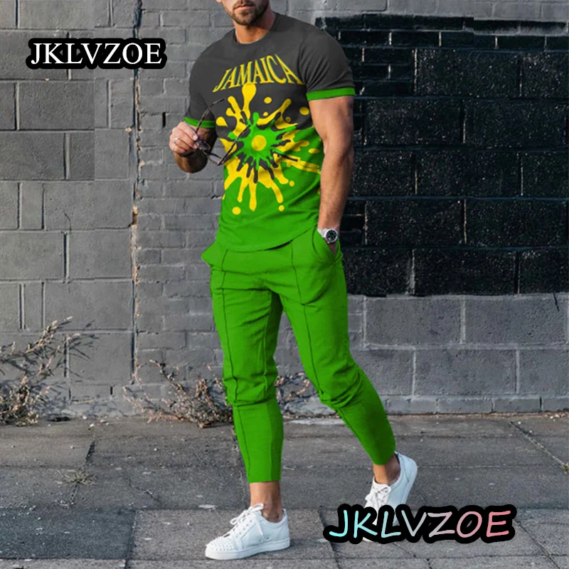 Fashion Man Sets Clothes Summer T-Shirt 2Piece Set Streetwear Short Sleeves Trousers Suit Green Jogging Tracksuit Male Sportwear