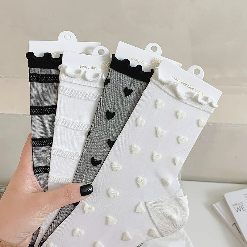 Sexy Lace Women Heart Socks Summer Ultra-thin Transparent Mesh Fishnet Short Socks Harajuku Casual Breathable Black Crew Socks