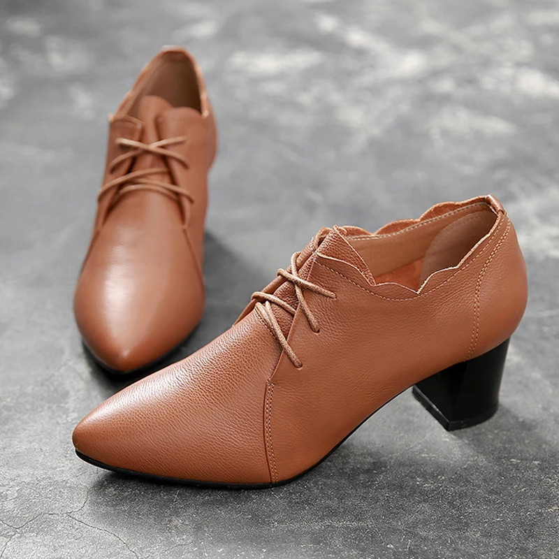 New Soft Leather Single Shoes Women's Genuine Leather Thick Heel Deep Lace up Versatile Small Leather Shoes