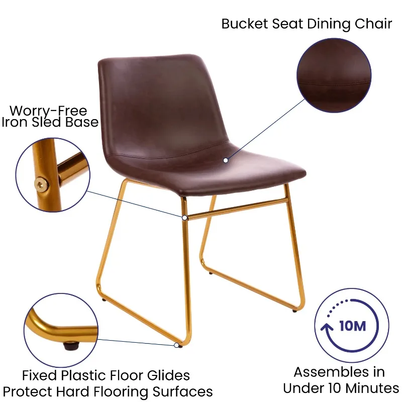 18 inch Dining Table Height Chair, Mid-Back Sled Base Dining Chair in Dark Brown LeatherSoft with Gold Frame, Set of 2 4