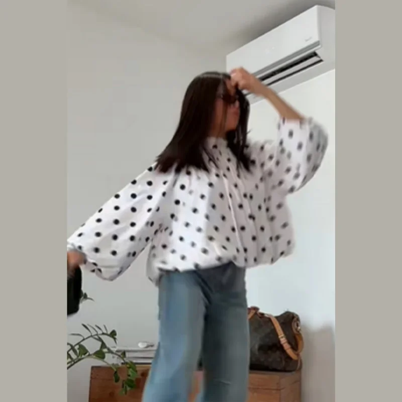 Women's Elegant Polka Dot Cute Back Lace Up Shirt Uniqie Design Ruffled Hem O Neck Tops Spring Casual Loose High Street Blouse S8099b58c77da4751929dff97441c88fdx