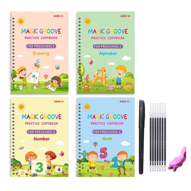 4 Pc Grooved Handwriting Book Practice, Kids Writing with Auto