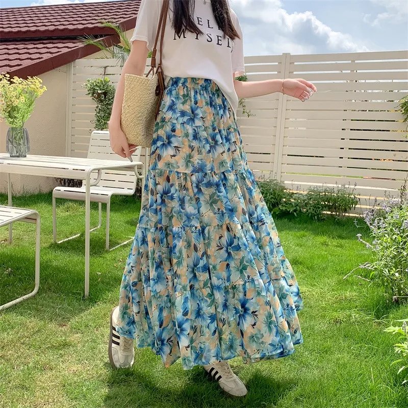 

French Chic Long Skirts for Women Flroal Printed A-line High Waist Female Skirt Faldas Ajustadas Chiffon Elegant Skirt Dropship