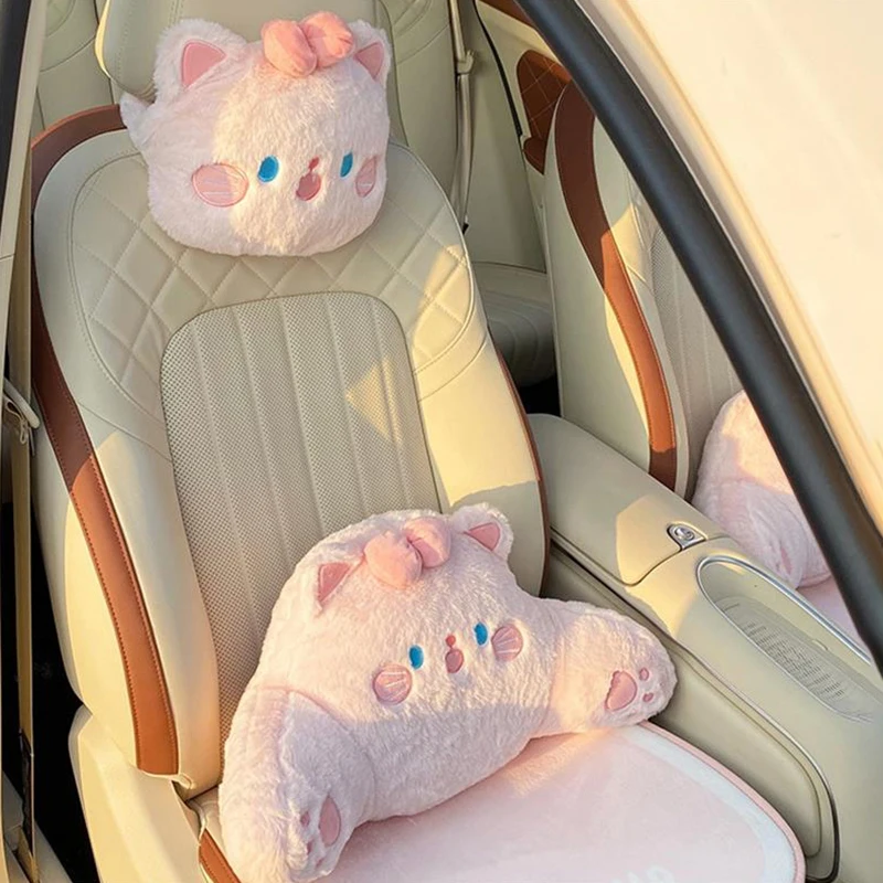 Cartoon Cute Bow Rabbit Cat Plush Car Headrest Four Seasons Universal Soft Comfortable Faux Rabbit Fur Car Headrest Neck Pillows