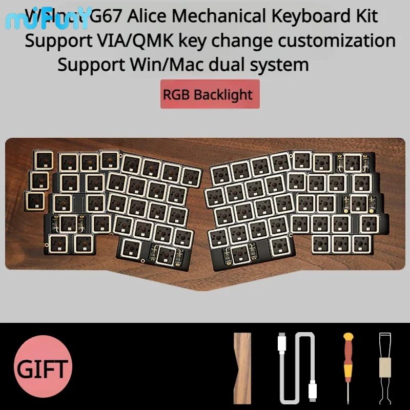 Mifuny GX67 Alice Mechanical Keyboard 67 Keys Walnut Wood Keyboards Kit Wired Type-C RGB Backlit Hot Swap Office Gaming Teclado