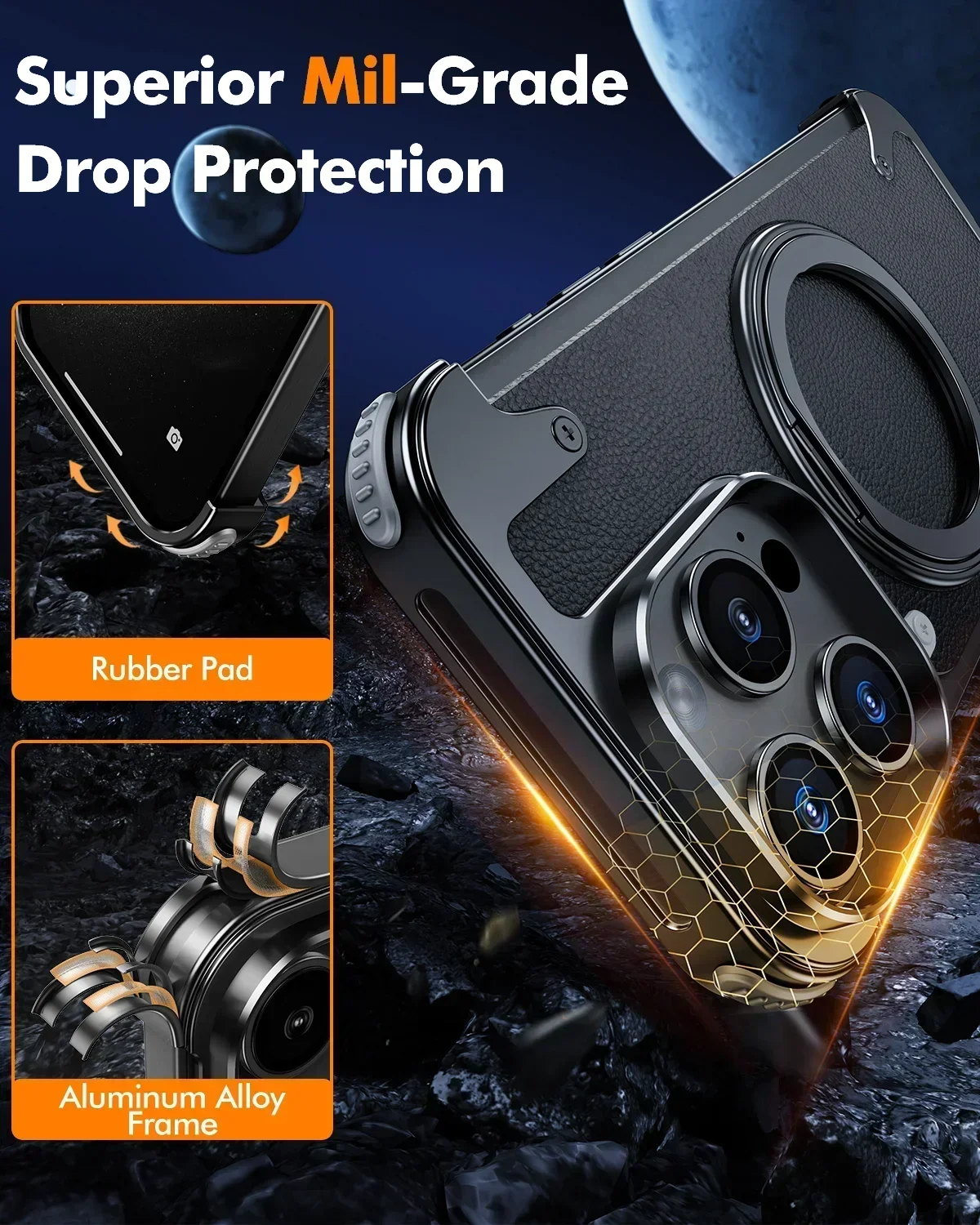 Eary for iPhone 17 16 15 Pro Max Phone Case with Magsafe Kickstand 360°Rotatable Stand Leather Shells Frameless Shockproof Cover