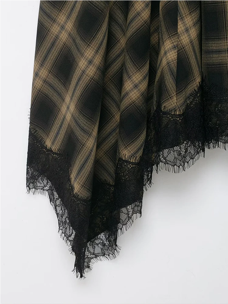 Women Vintage Plaid Skirt Fashion Lace Splice Elegant Midi Skirts Casual Street Skirt Asymmetry Ruched Female New Skirts