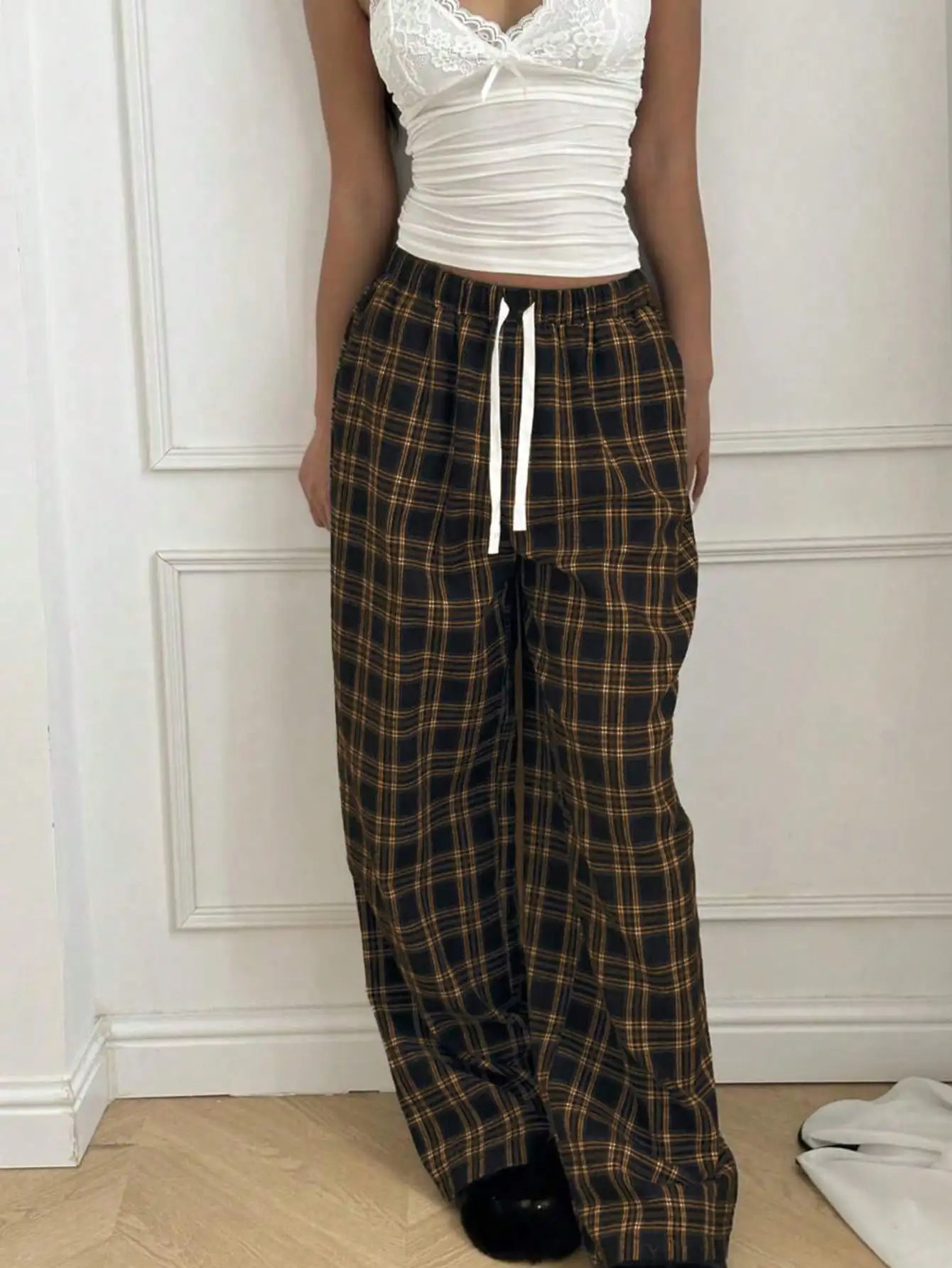 Plaid Pants for Women, High Waist Drawstring Wide Leg Trousers, Casual Streetwear Lounge Pants - 4