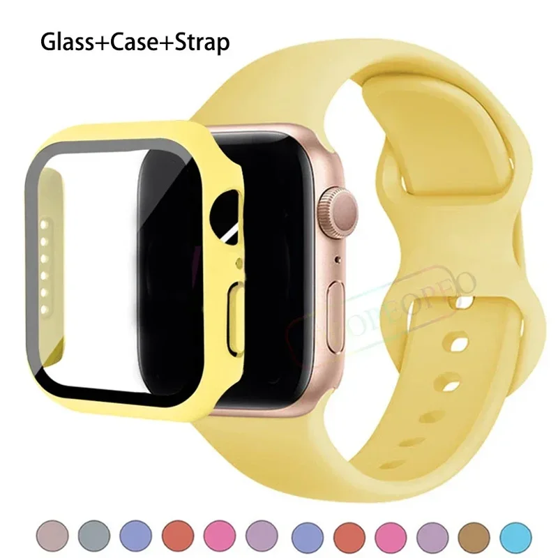 Premium Silicone Apple Watch Band with Glass Case and Strap - Compatible with All Series