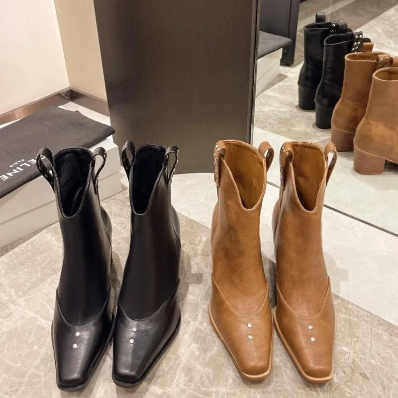 

Женские ковбойские сапоги без застежки, Дизайнерские Длинные рыцарские сапоги на высоком устойчивом каблуке, зимняя обувь, Осень-зима