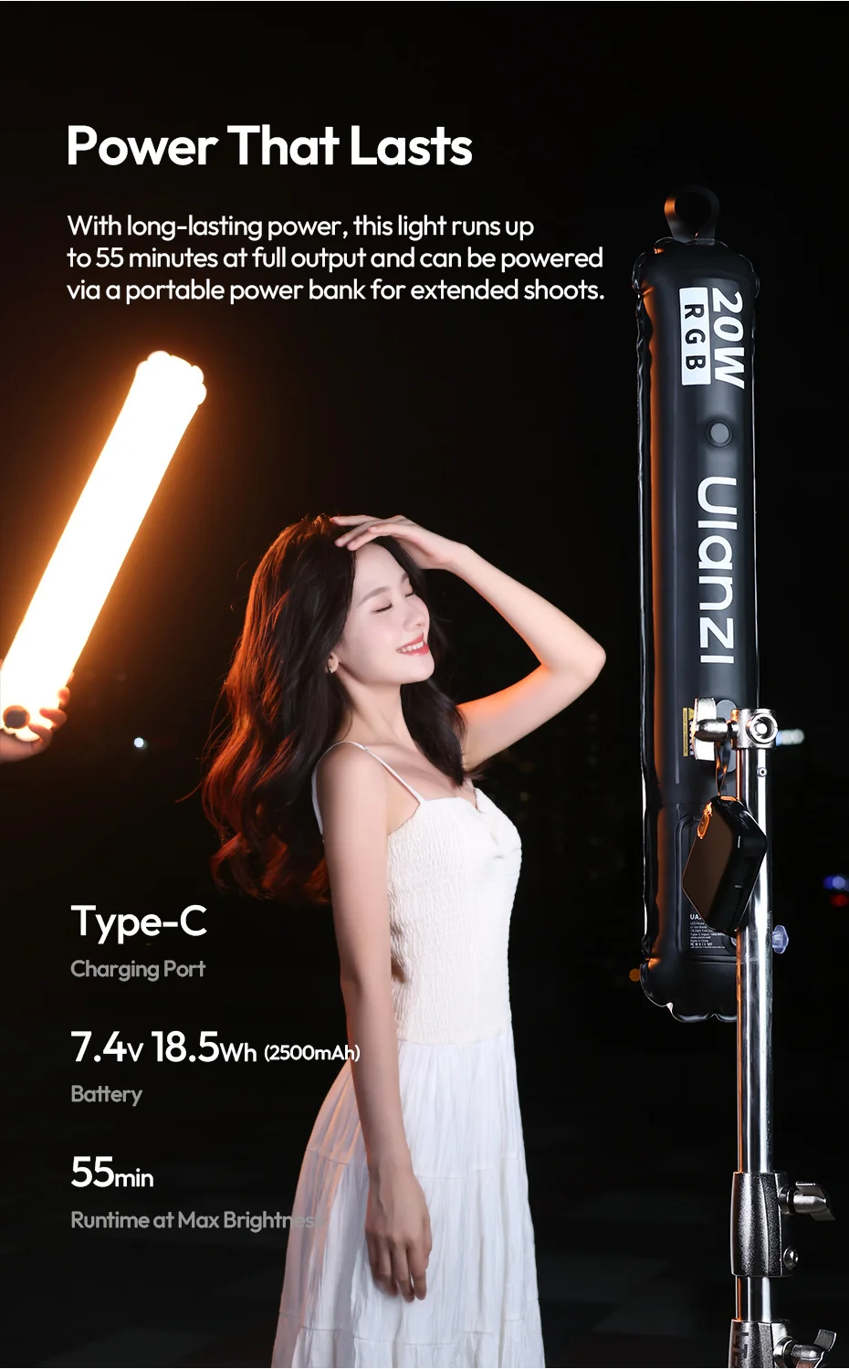 20W RGB Magnetic Air Tube Light 1800-10000K Full RGB Portable Air Tube Light for