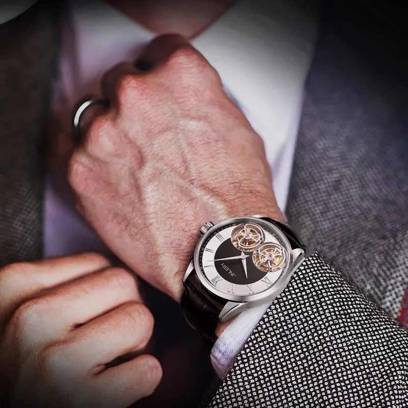 

JINLERY Double Flywheel Automatic Watch Simple Tourbillon Watches Roman Numerals Mechanical Watch for Men