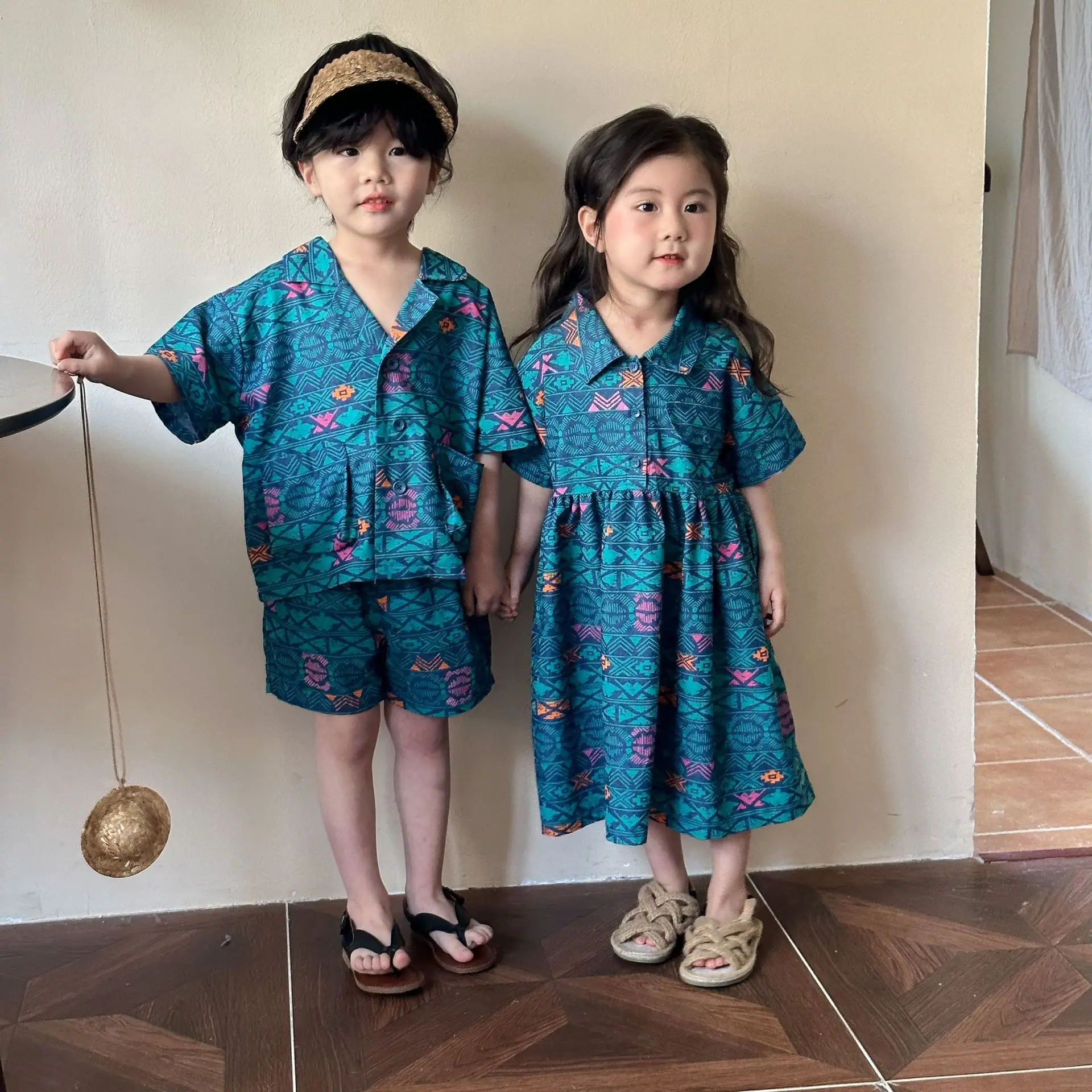 

Summer Children Clothing Brother Sister Denim Outfit Kids Boys Print Short Sleeve Shirts+Shorts 2Pcs Set Toddler Girls Dress