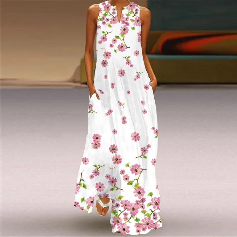 MOVOKAKA Spring Summer Print Long Dress Women Beach Holiday Casual Fashion Elegant Dresses Party Sleeveless V Neck Maxi Dresses