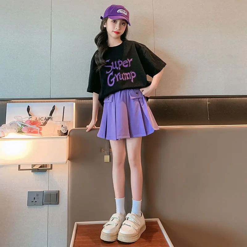 

2023 New Fashion Letter Girls T-Shirt Short Sleeve T-Shirt And Short Skirt Set Kids Fashion tracksuit 5 6 8 10 12 14 years old