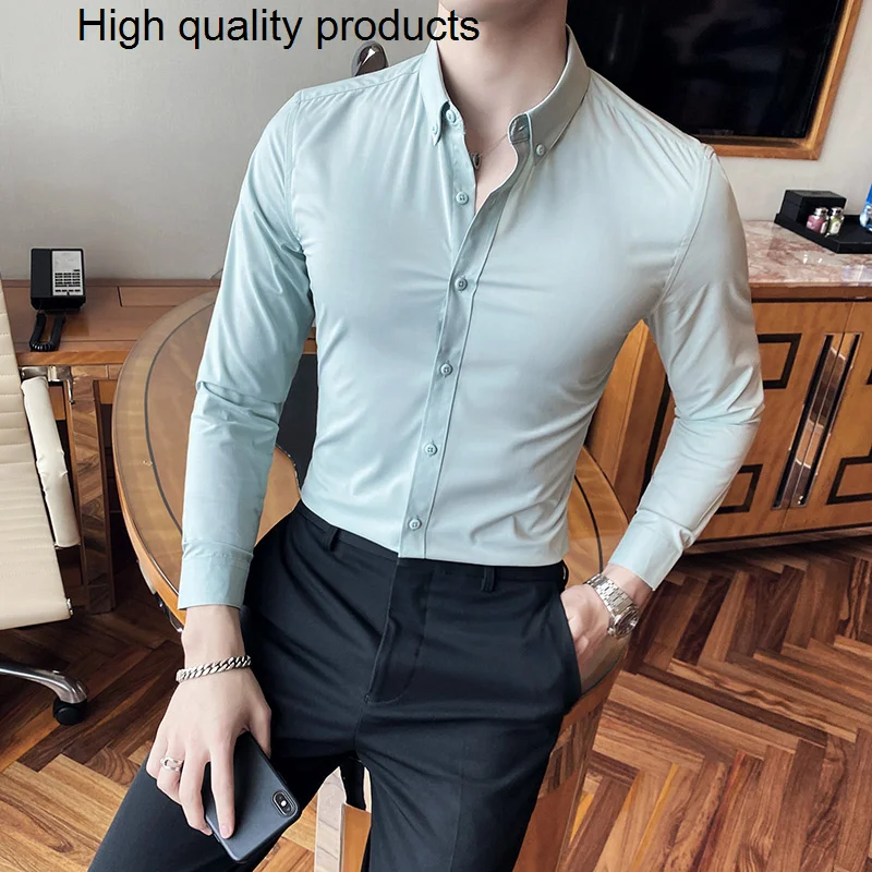 

Рубашка мужская деловая с длинным рукавом, брендовая однотонная простая приталенная блузка, деловая одежда для мужчин, 3XL