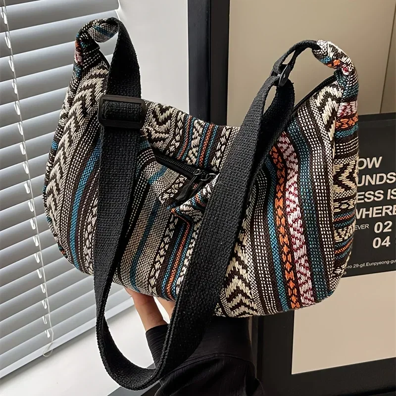Tribal Style Shoulder Bag, Foldable Crossbody with Zipper Closure, Striped Pattern, Flag Theme Hand Washable Edge Painted Lining