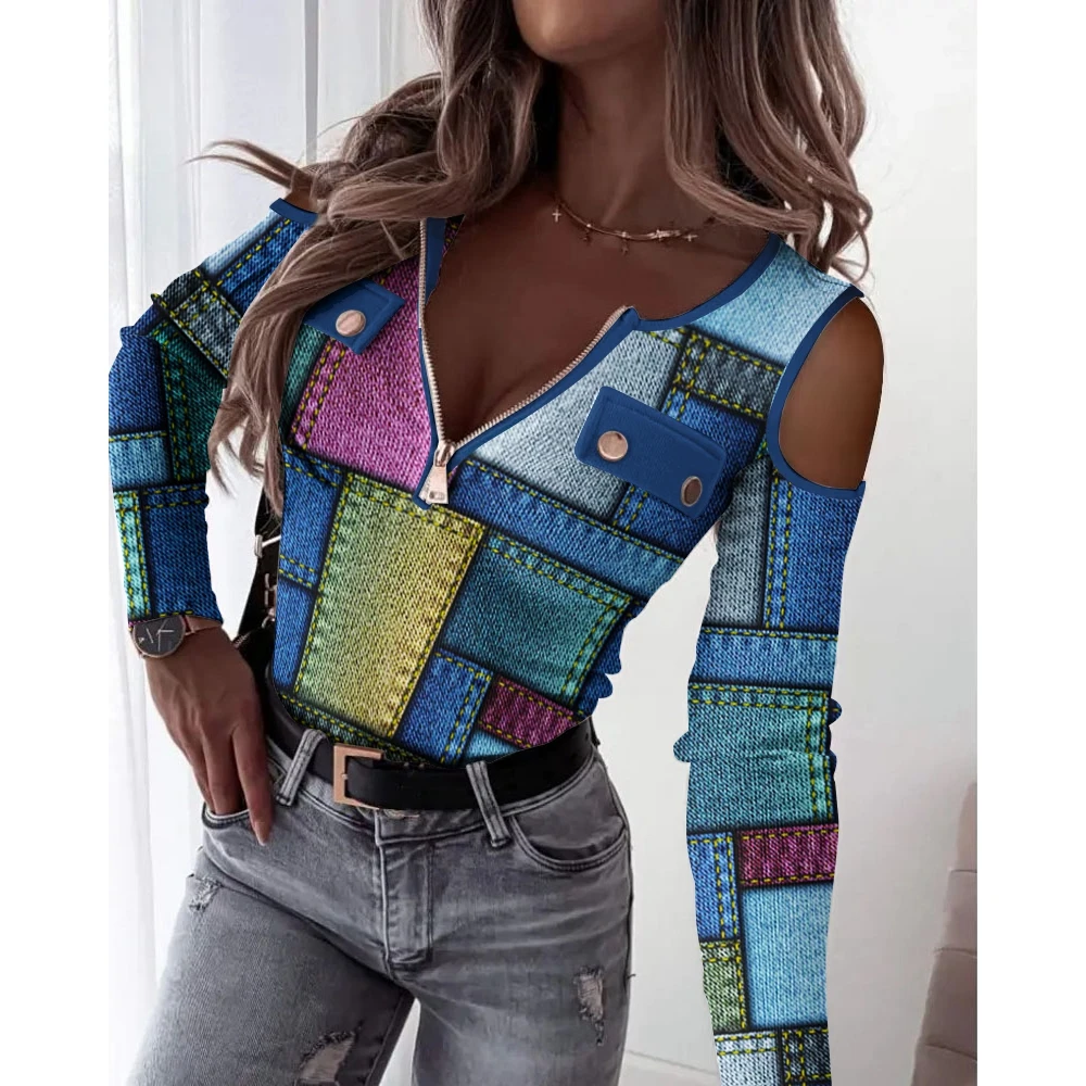 

Autumn Women Zipper Design Denim Look Print Cold Shoulder 2023 Femme Casual V-Neck Long Sleeve T Shirt Office Lady Outfits traf