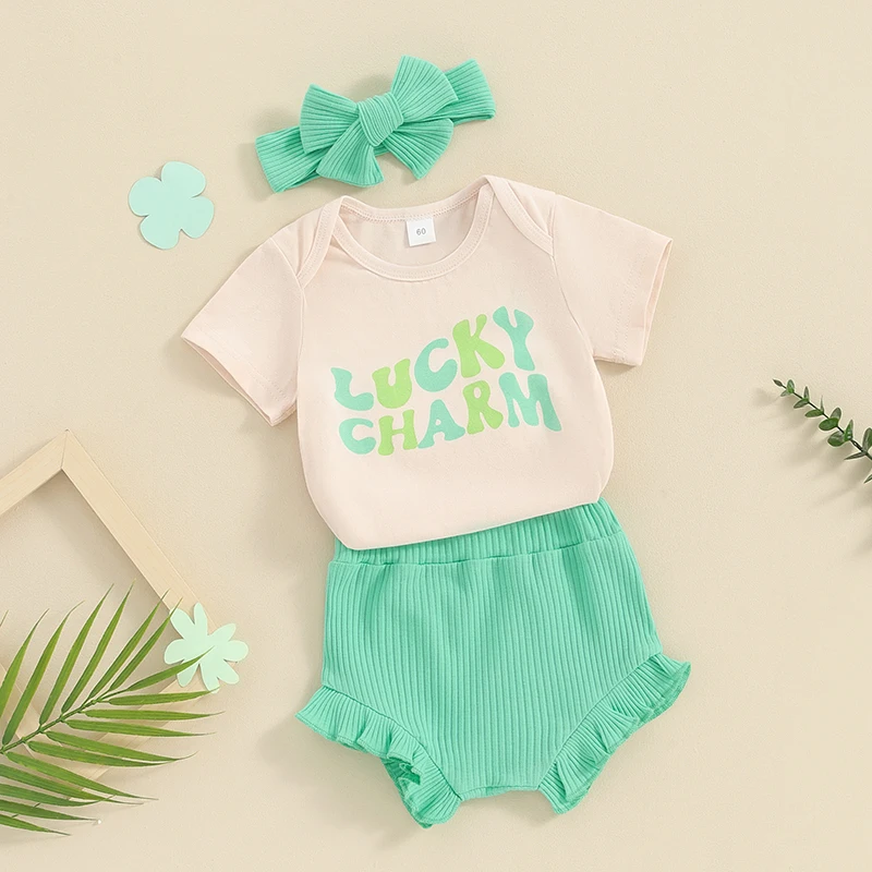 

Baby Girl St Patrick Outfit Short Sleeve Crewneck Lucky Charm Letters Romper Shorts Newborn Summer Suit