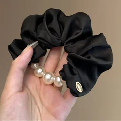 Blue Satin Scrunchie with Pearl Accents - Elegant Hair Accessory (Black)