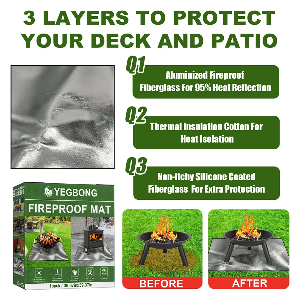 100cmx100cm Square Fireproof BBQ Lawn Protection Mat 3 Layers Fire Retardant Base Pad for Home Barbecue Outdoor Camping Party