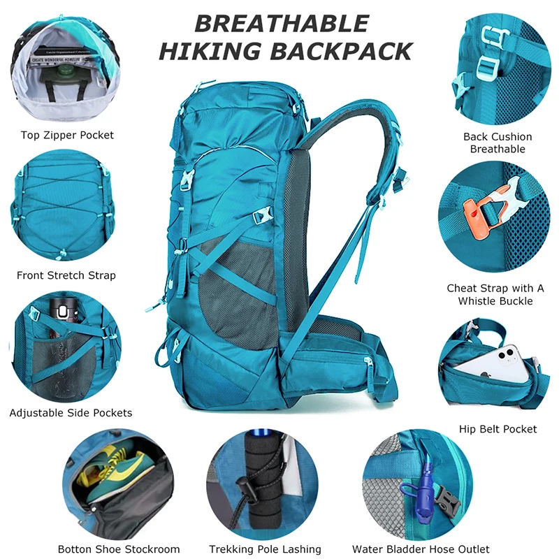  XIAOQIU - Mochila de senderismo resistente al agua de 50 litros,  gran capacidad, mochila de viaje ligera para acampar para mujeres y hombres  : Deportes y Actividades al Aire Libre