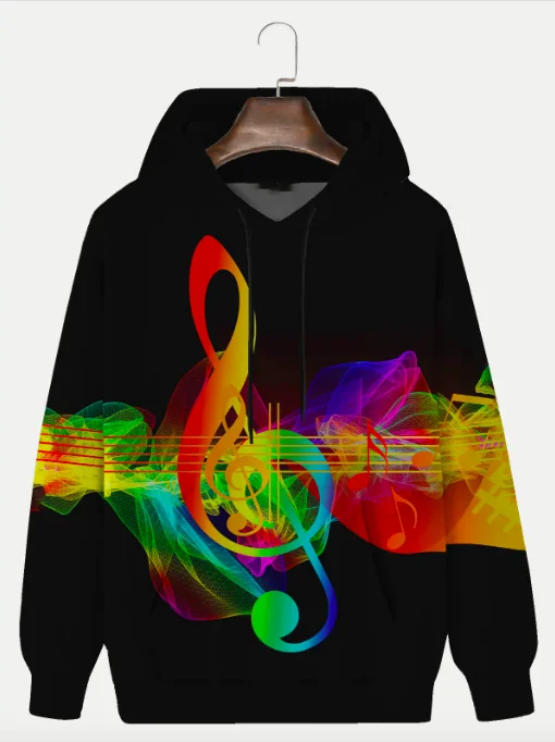 

Men's Music Notes Hoodie Cotton Blend Black Gradient Art Sweatshirt