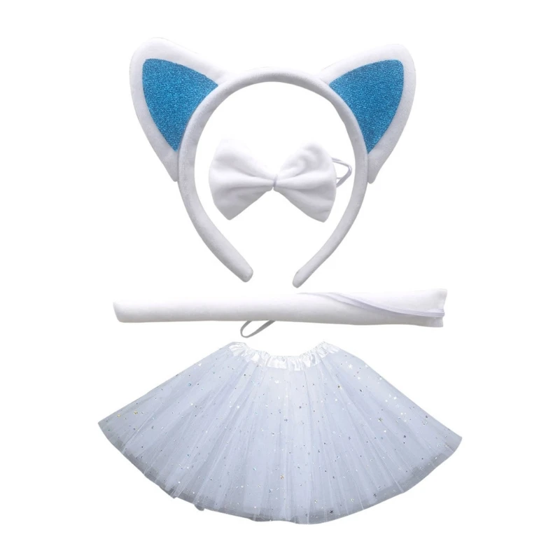 Cats-Costume Set Cat-Ears Headband Bowtie Tail Tutu Skirt for Kids-Girls-Boys Halloween Costume Cosplay Party Props