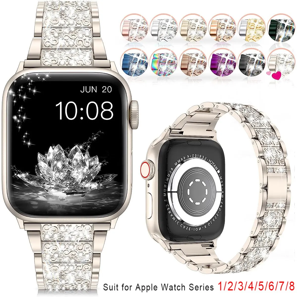 Bling Diamond Strap For Apple Watch Band 40mm 45mm 44mm 41mm 42mm 38mm ...