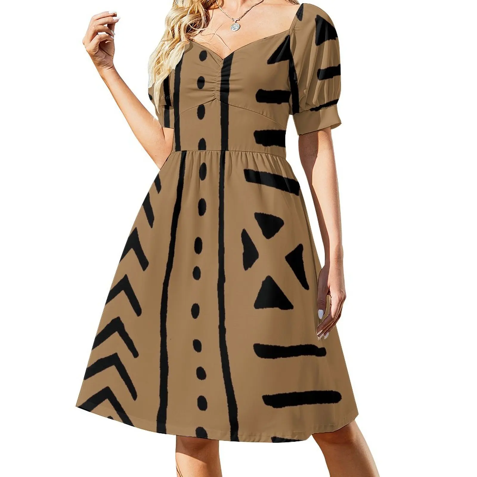 thumbnail image 1 of Vestido de manga corta con estampado tribal de barro africano, vestidos de noche para mujer, ropa de mujer, vestido para mujer ., 1 of 7