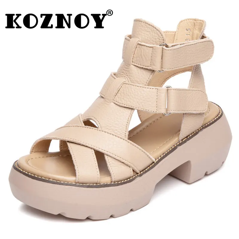 

Koznoy 6cm Women Mid Calf Boots Peep Toe Summer Moccasins Hook Sandals Ankle Motorcycle Boots Weave Cow Genuine Leather Shoes
