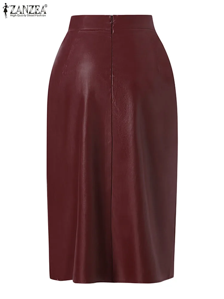 패션 사이드 슬릿 스커트 ZANZEA PU 가죽 여성 우아한 하이 웨이스트 Bodycon Sheath Midi Jupes 2023 가을 섹시한 슬림 Faldas Mujer