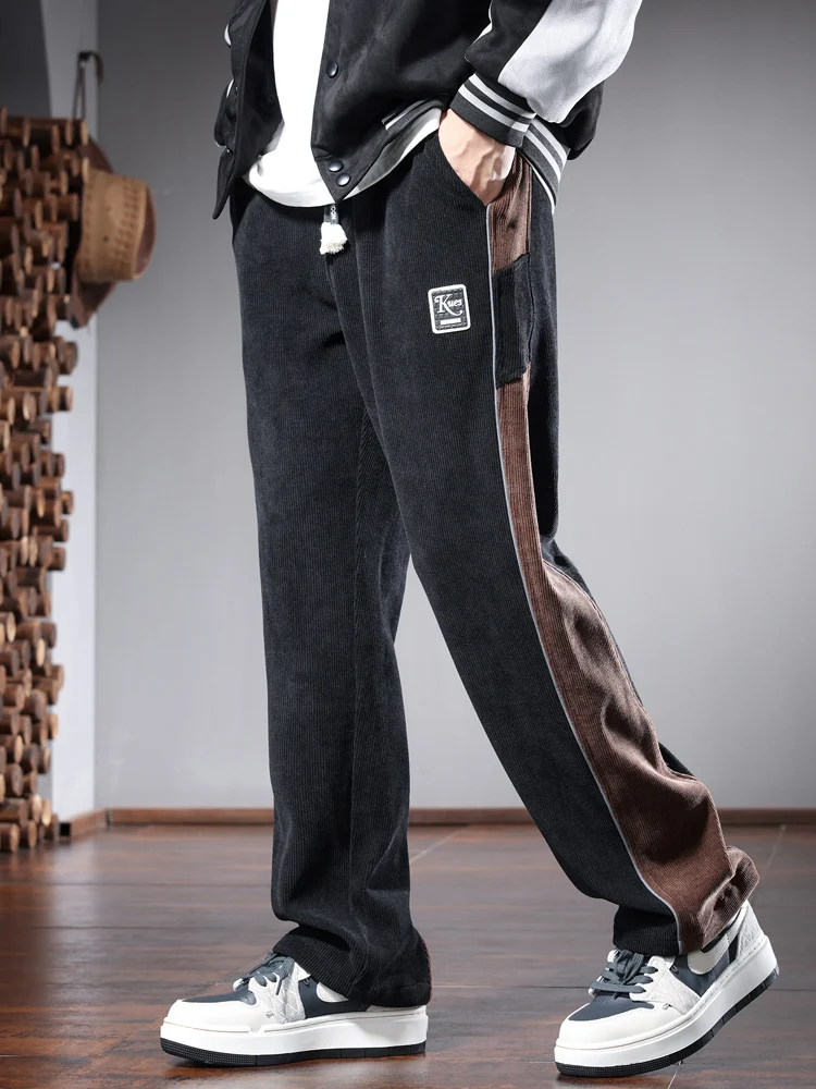 Baggy Straight Corduroy Pants Men Autumn Fashion Side Stripe Black Elastic Waist Drawstring Jogging Trousers