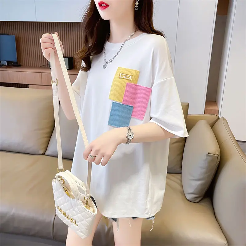 

DAYIFUN O Neck T-shirts Women Loose Short Sleeve Contrasting Color Patchwork Design Tees Female 2023 Summer New Versatile Top