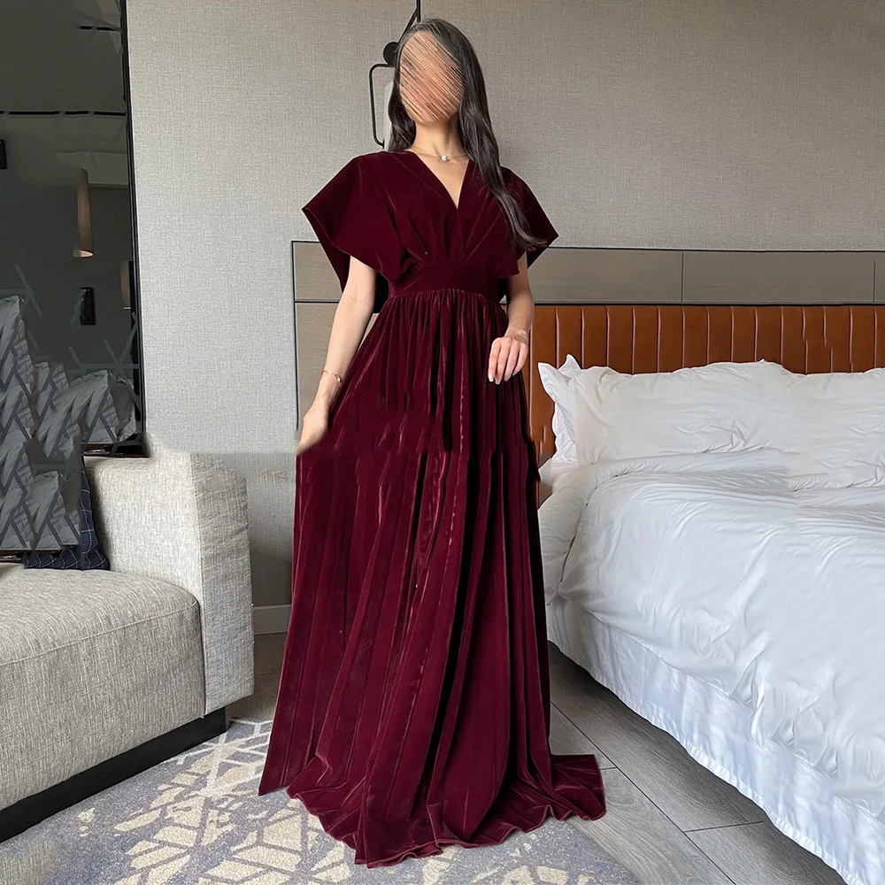 Sexy V Neck Short Sleeve Evening Dresses Backless A-line Solid Color Velour Formal Party Dress Simpl Prom Gown فساتين سهرة فخمه