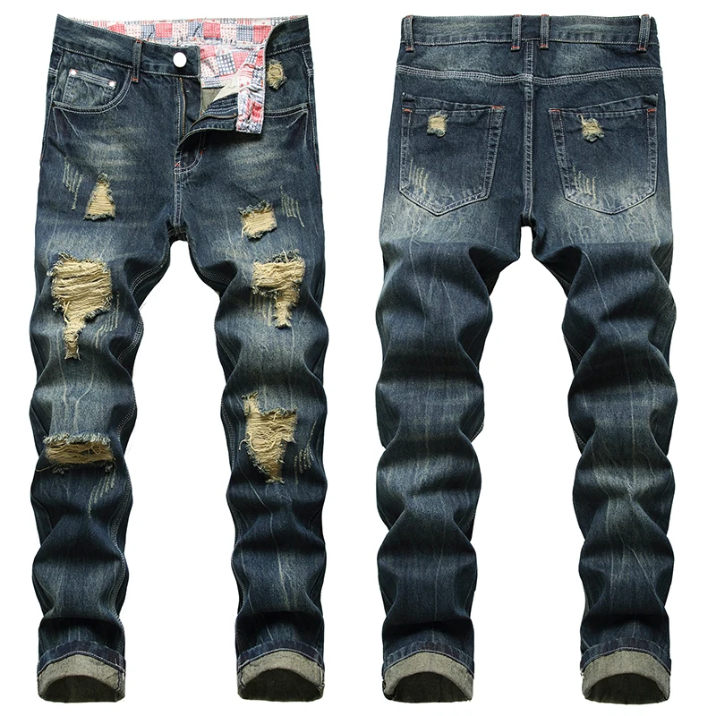 Denim Casual Ripped Trousers Men's Long Plus Size 28-42 Jeans Hole Ruined Ripped Cotton