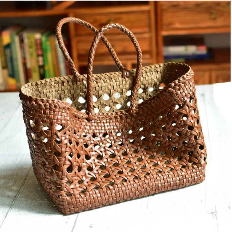 Woven Design Leather Tote Bag | Leather Basket Bags Women